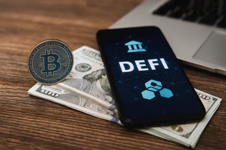 Celular con imagen de palabra defi (finanzas descentralizadas)