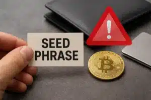 señal de alerta sobre cartera con Bitcoin y la leyenda "frase semilla"