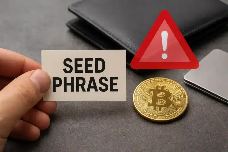 señal de alerta sobre cartera con Bitcoin y la leyenda "frase semilla"