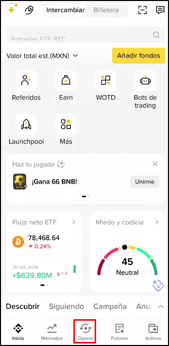 Menú principal de Binance