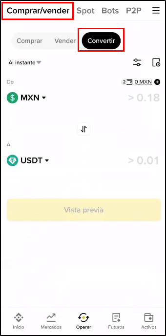 Pantalla de operaciones para comprar y vender cripto y dinero fiat