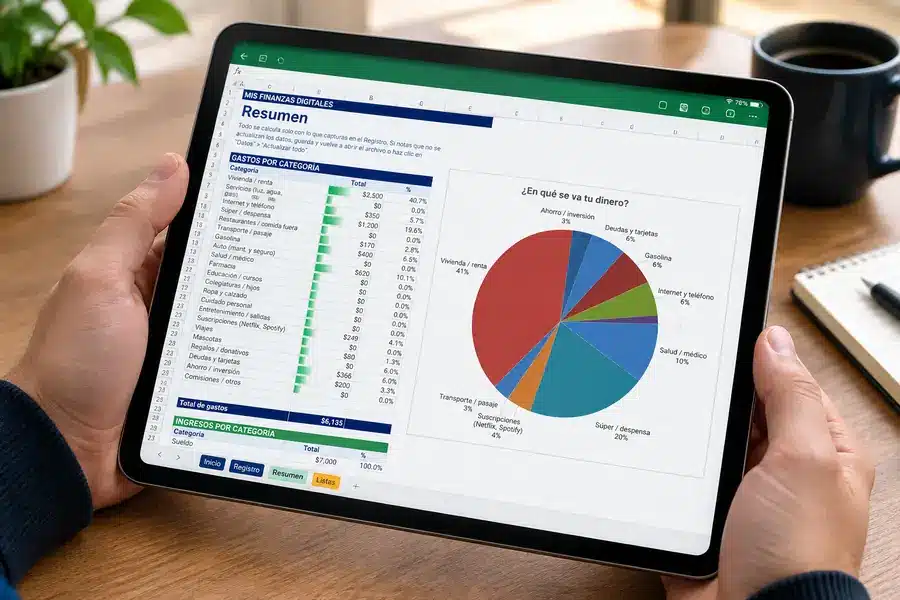 Plantilla Registro de Gastos vista en una tablet con resumen y gráfica