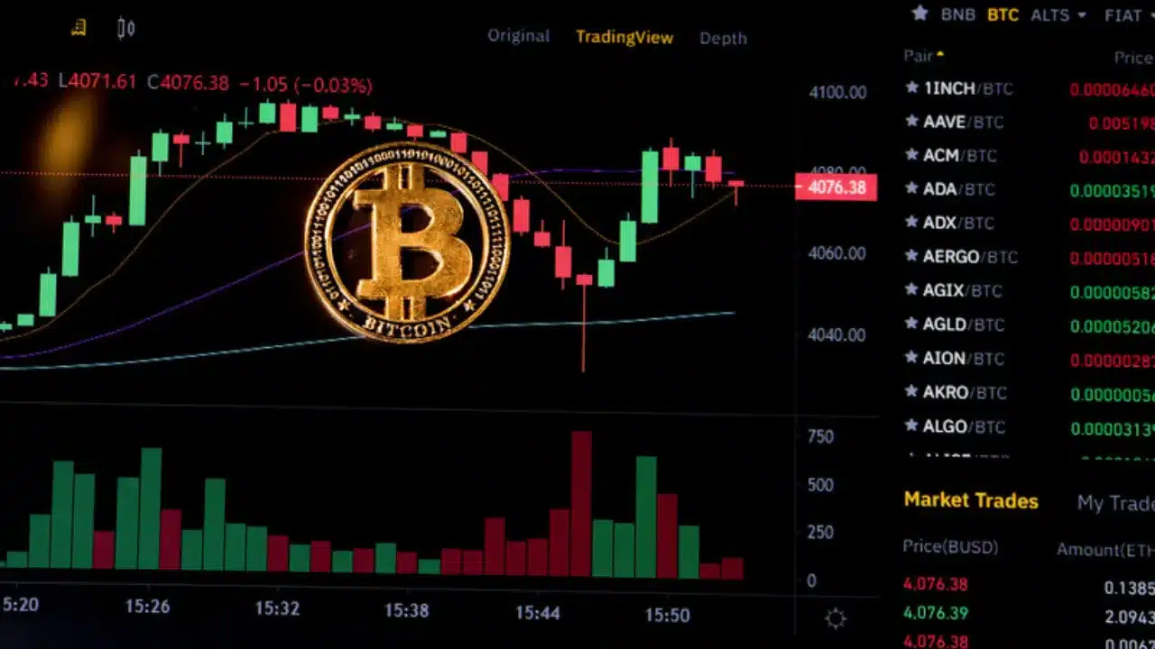 Moneda de Bitcoin sobre una grafica de trading de criptomonedas que ilustra los riesgos del mercado cripto