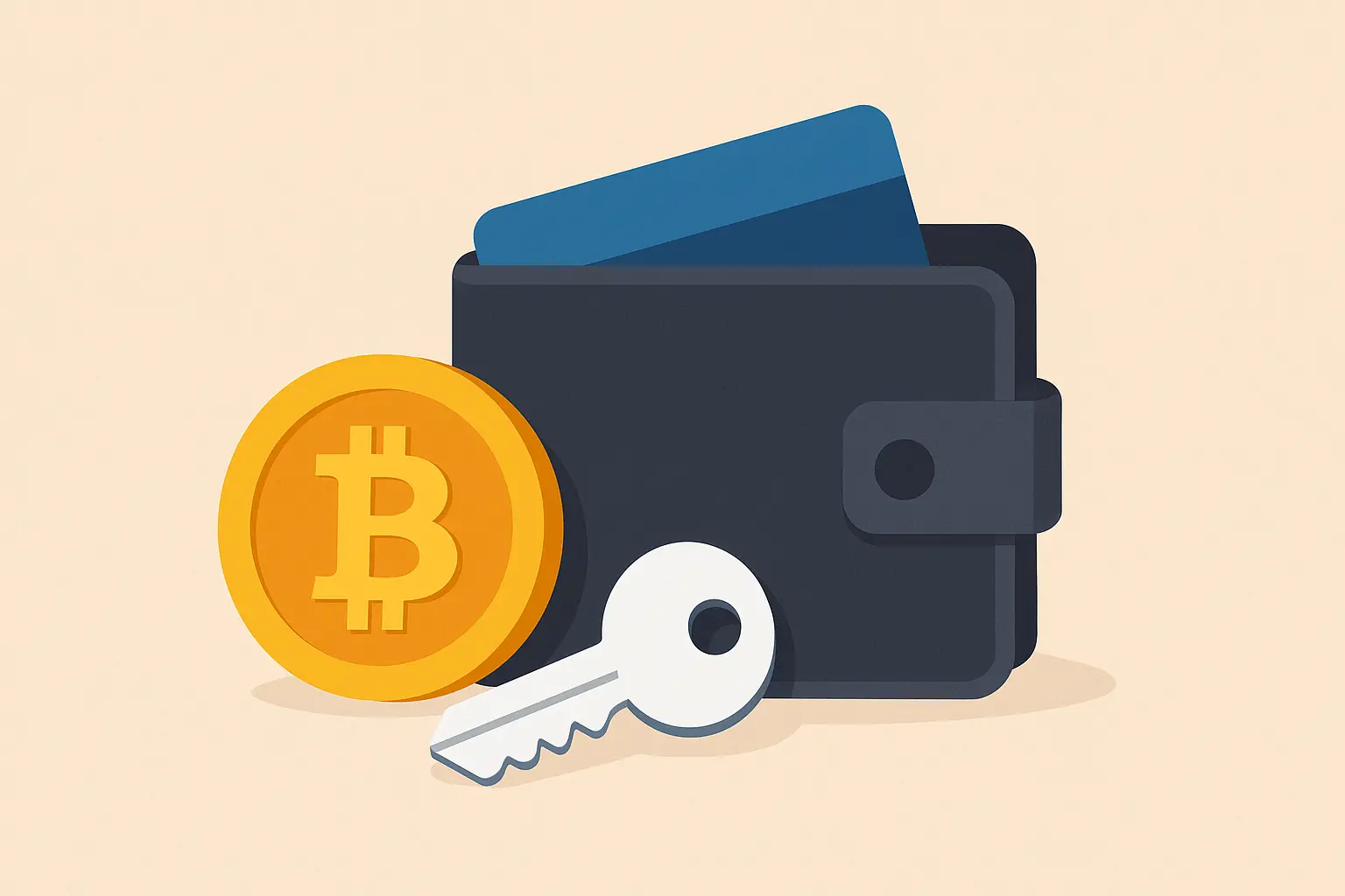 cartera física con un Bitcoin al frente y una llave para representar una wallet cripto